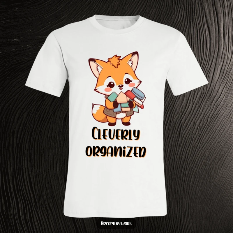 Funny t-shirt featuring a smiling fox in a vest, holding a tidy pile of forms, representing organization and style.