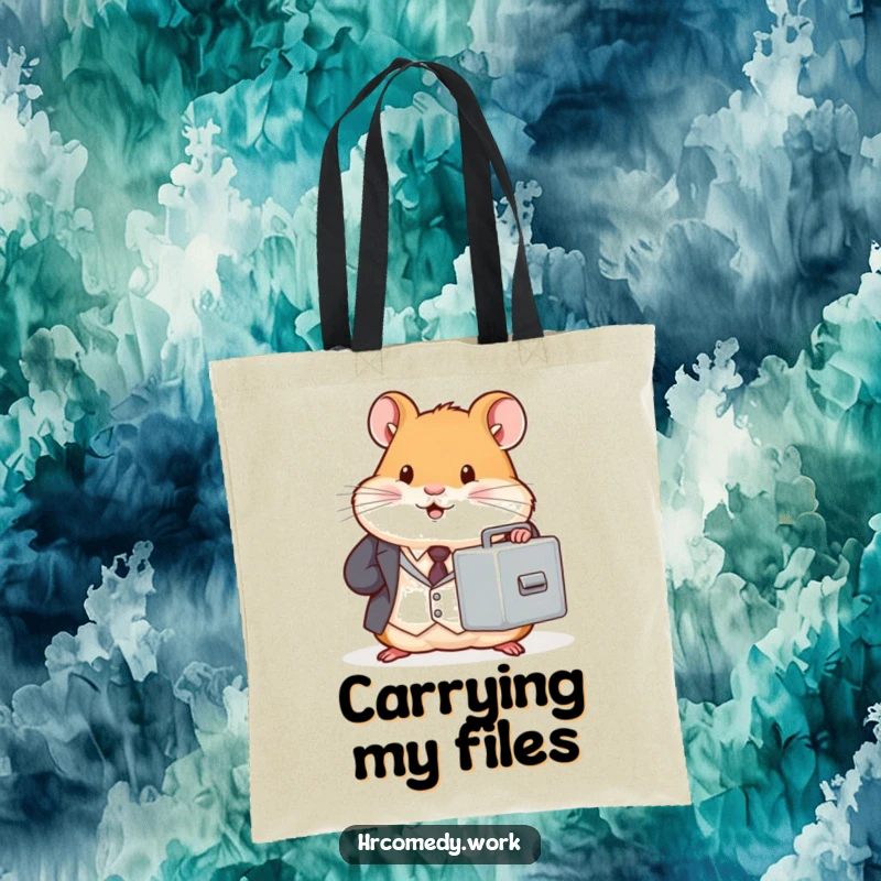 Chubby hamster in a tiny suit holds a miniature filing cabinet, durable tote bag, office humor graphic, professional rodent accessory, gift.
