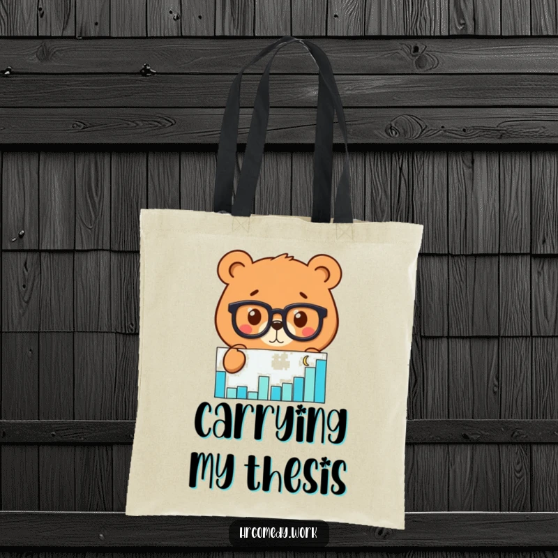 Funny tote bag with a bear wearing glasses, intently studying a scatter graph, ideal for carrying books and data.