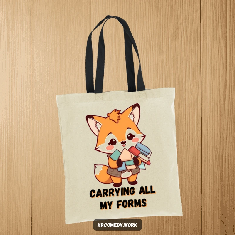 Funny tote bag featuring a smiling fox in a vest holding a pile of forms, ideal for carrying paperwork in style.